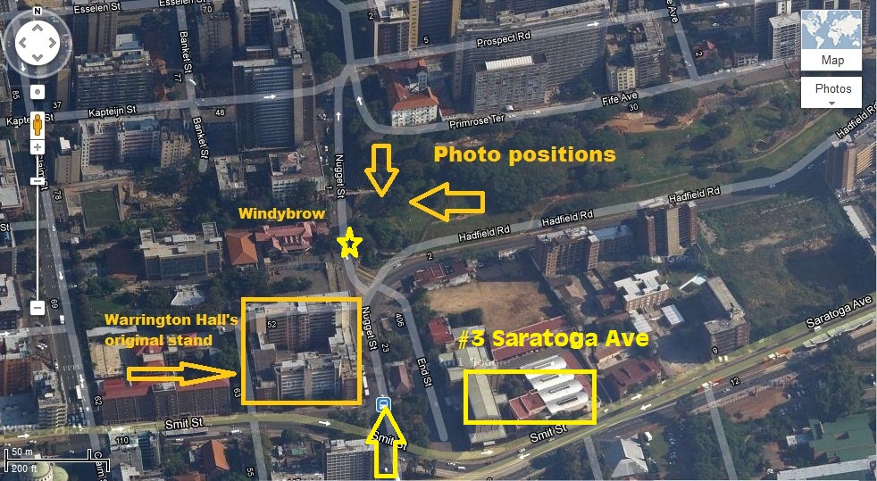 Google Earth pic showing positions of 3 Saratoga, Windybrow and Warrington Hall. Star is where Nugget Hill starts. Arrows show the position from where pictures were taken.
