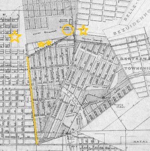 Map showing End Street in yellow. The circle shows the position of the water reservoir just behind where Ponte now stands