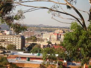 View of Doornfontein from the foundations with the Lion's Shul in the distance