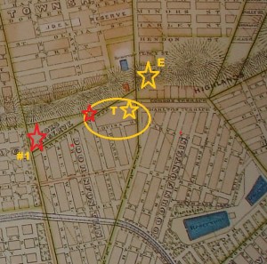 Map showing the positions of the houses mentioned. Turrets on Louisa Street was on the opposite side of the block closer to the red star (position of the sketched house)