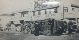 Overturned tram in Belgravia c1942