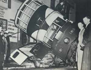 Overturned tram in the city c1930s