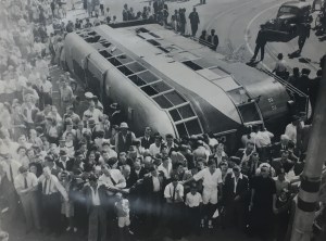 Overturned tram in the city c1940s