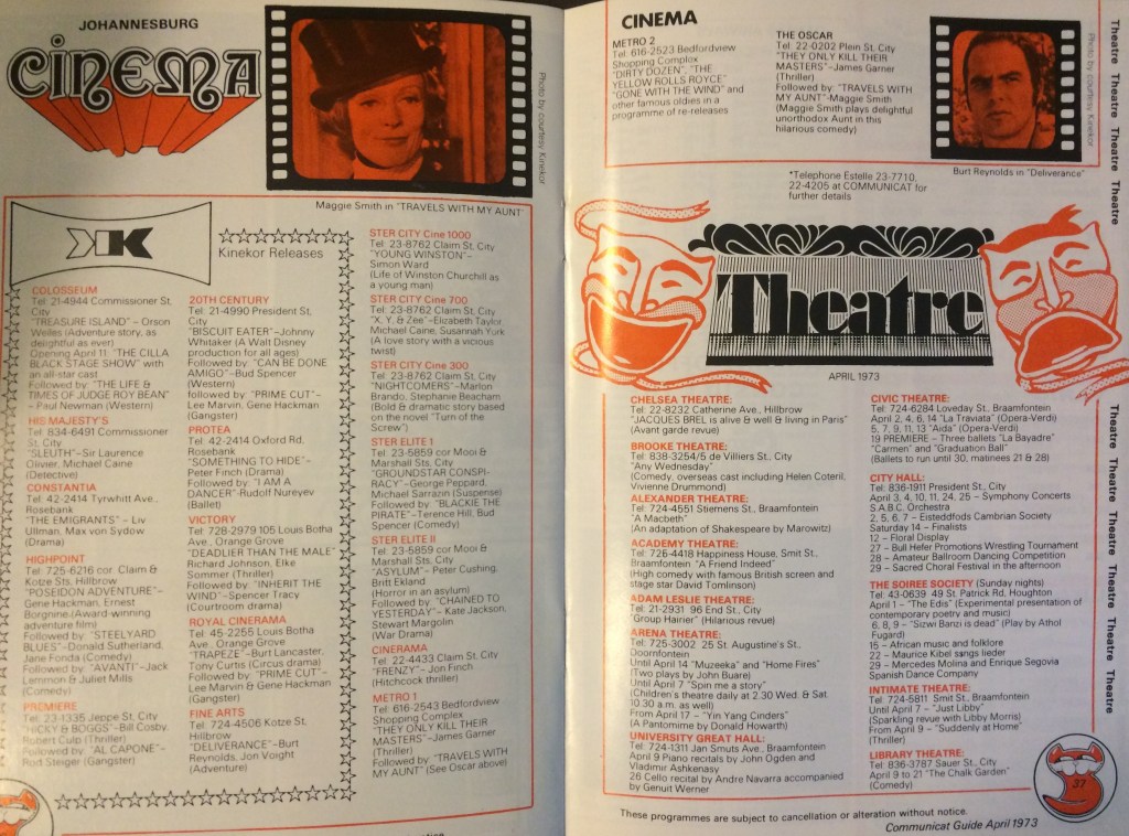 Cinemas & theatre shows in Johannesburg 1973