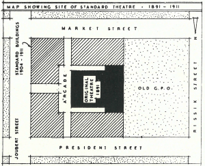 Standard Theatre site map with buildings and Arcade