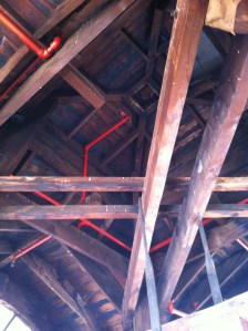The roof of the clock tower. The entire structure is made from Oregon pine and what looks like oak