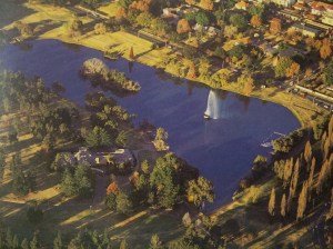 Aerial view of Zoo Lake. The shape and position of the island match the footage 