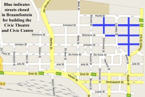 Map showing the area where houses were demolished for the Civic complex