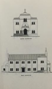Drawing of the Ponovez Synagogue which was on the corner of Hilner and Siemert Streets